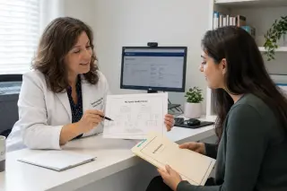 A female doctor in a white coat discusses a family tree diagram with a young woman in a bright, modern medical office.