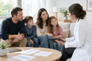 Famille de quatre personnes écoutant un médecin dans un salon lumineux, ambiance chaleureuse et rassurante, documents explicatifs sur la table.