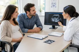 Pregnant woman with her partner listening to a female doctor in a bright, modern consultation room with an ultrasound image on a screen.