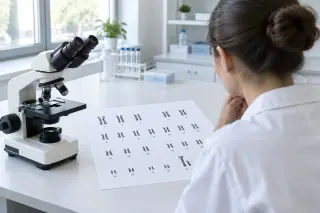 Laboratoire moderne avec microscope et une feuille présentant un caryotype humain, un(e) biologiste en blouse blanche observant le document dans une ambiance claire et professionnelle.