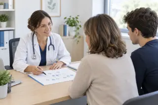 Consultation en cabinet médical entre une médecin et deux patients, avec des documents sur l’arbre généalogique posés sur le bureau.