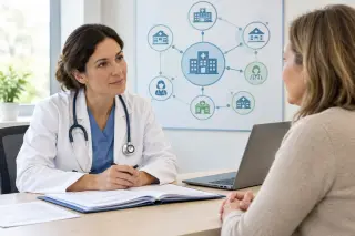 Médecin et patiente discutant calmement dans un bureau d’hôpital lumineux, avec un dossier médical ouvert et une affiche explicative médicale en arrière-plan.