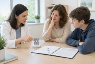 Une conseillère en génétique échange avec une mère et son fils adolescent autour d’un dossier médical dans un cabinet lumineux.