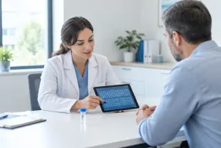 Médecin échangeant avec un patient au sujet d’un traitement personnalisé, avec des données génétiques affichées sur une tablette.
